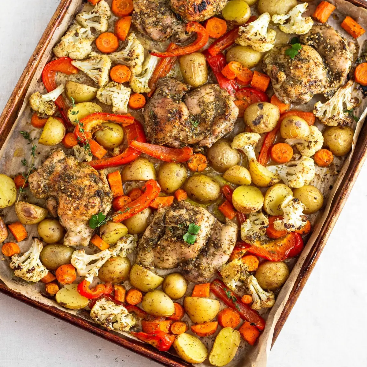 Knuspriges Za'atar-Hähnchen vom Blech mit buntem Gemüse