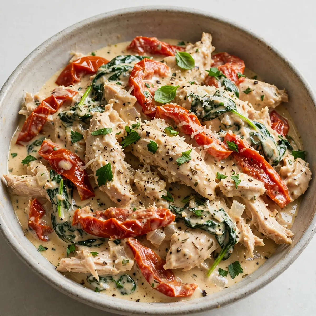 Langsam gegartes Hähnchen in cremiger Sonnengetrockneter-Tomaten-Soße