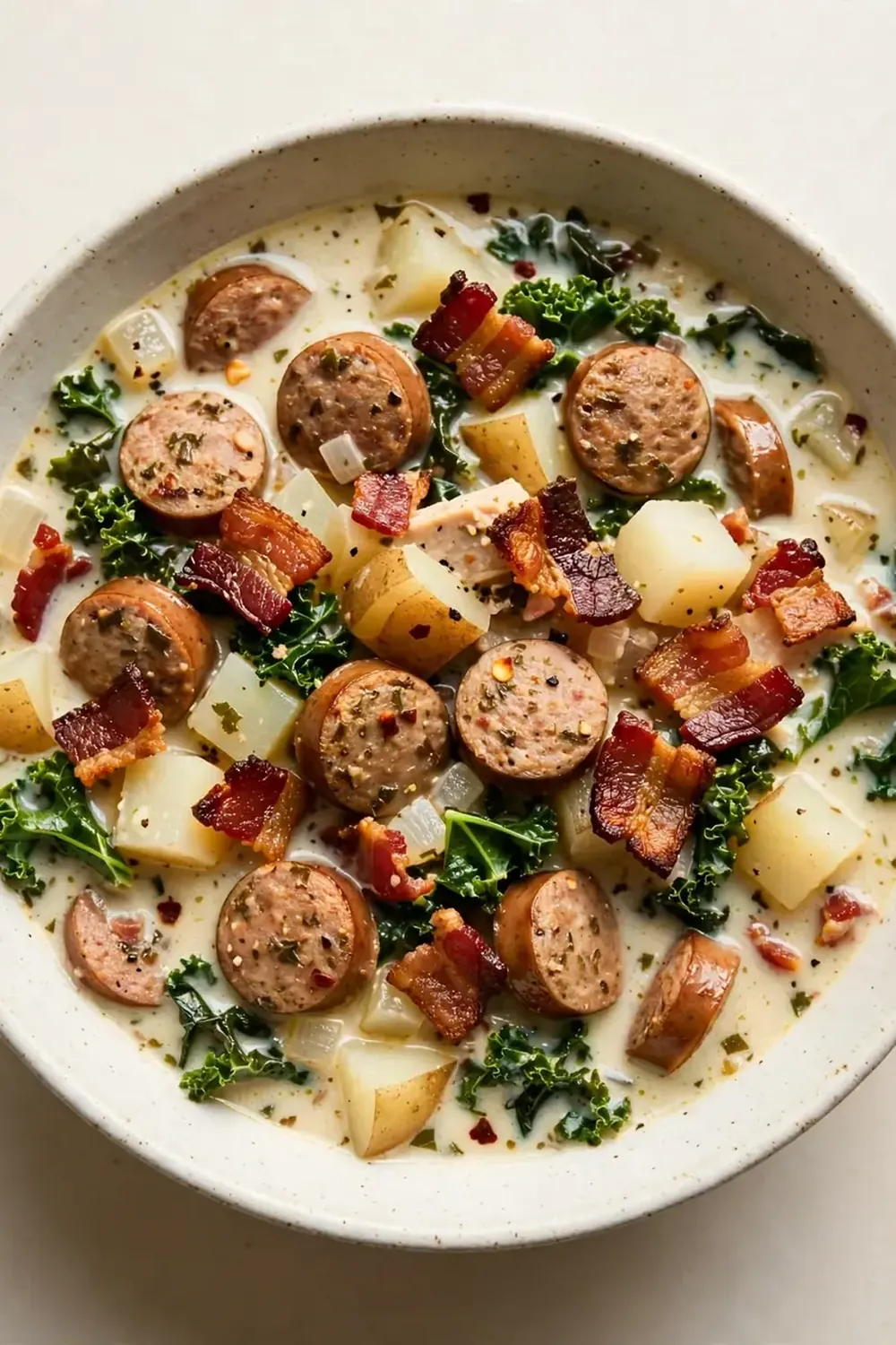 Slow Cooker Zuppa Toscana (Turkey Sausage & Beef Bacon Base)